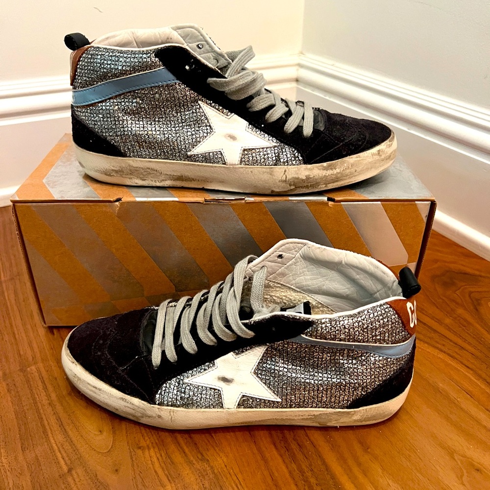 Golden goose mid star high tops in silver, black